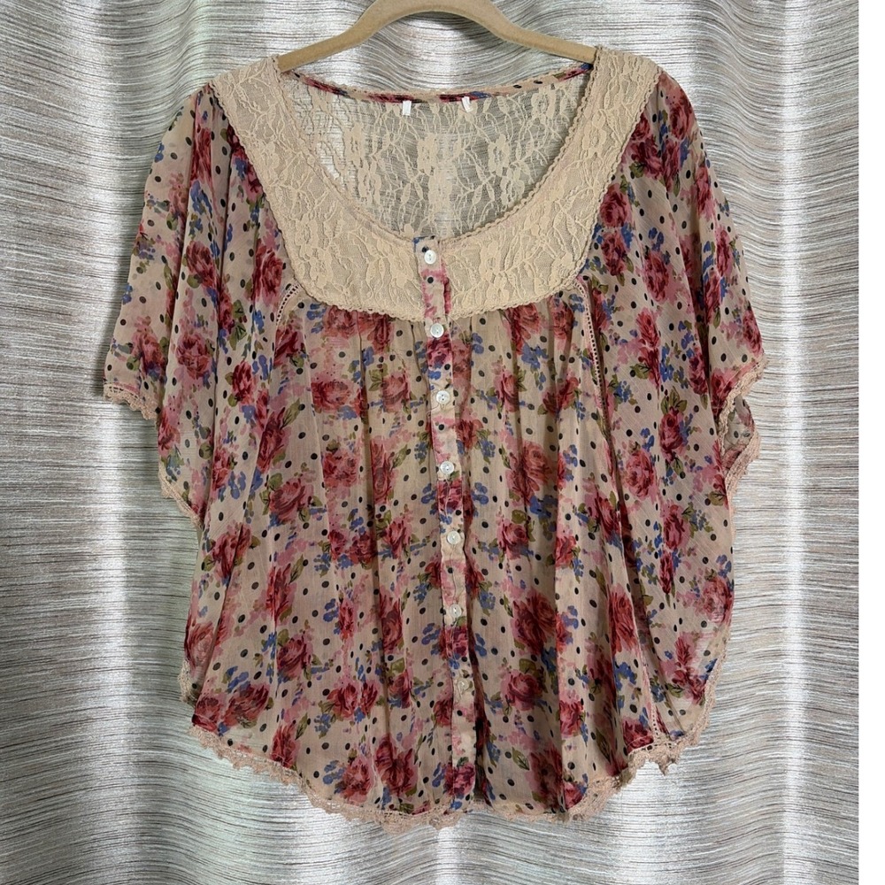 Womens Floral Polka Dot Sheer Blouse Lace Yoke Crochet Trim Pink Beige Large